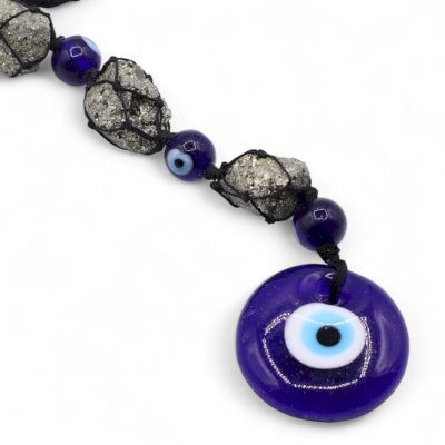 Hanging Stone Pendant - Pyrite Stones & Beads- Evil Eye