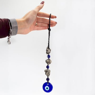Hanging Stone Pendant - Pyrite Stones & Beads- Evil Eye